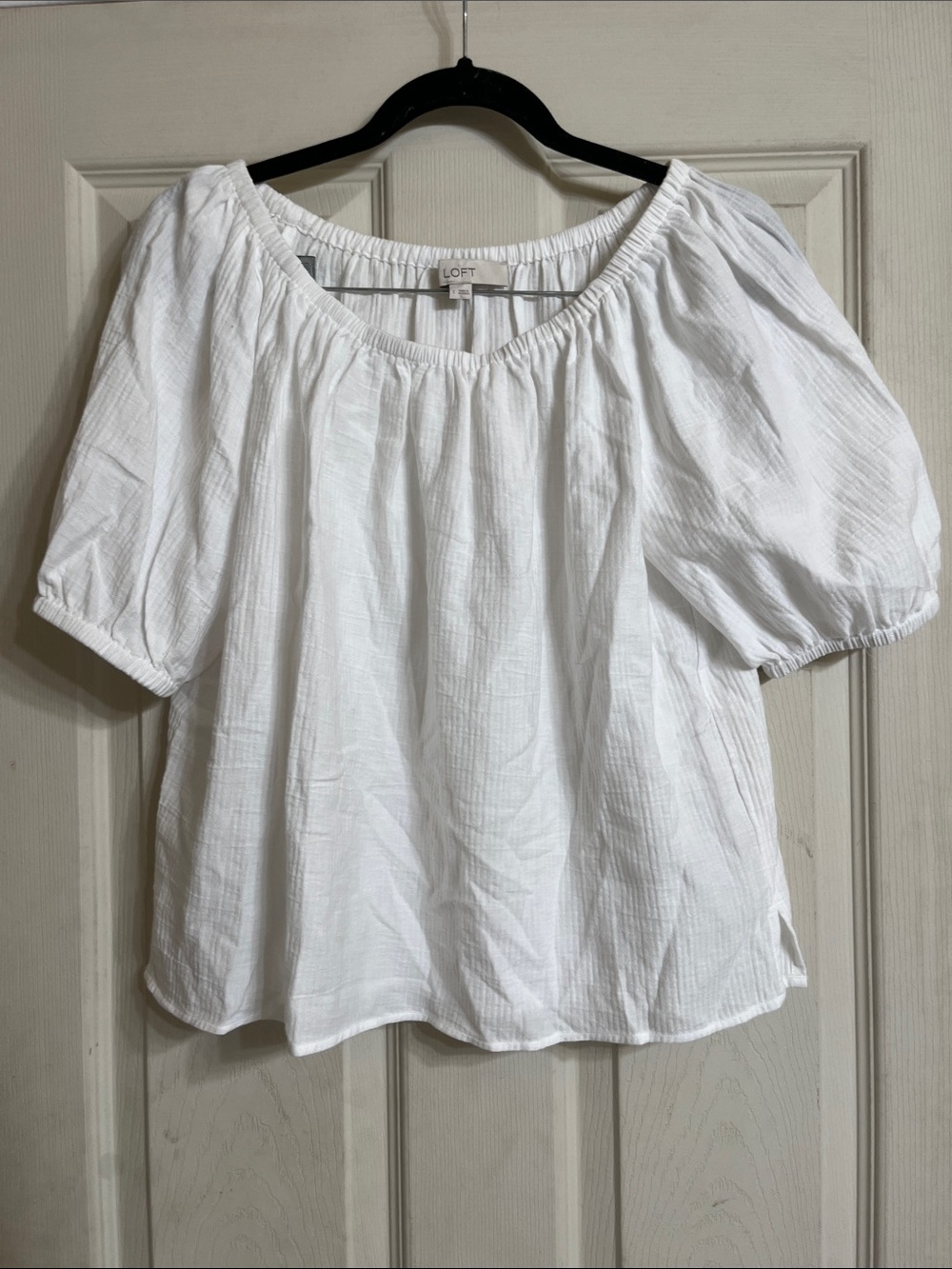 LOFT White Cotton Peasant Top with Elastic Neckline